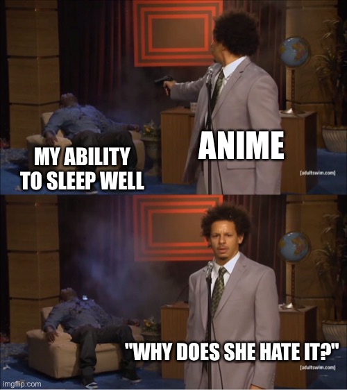 Anime gives me insomnia | ANIME; MY ABILITY TO SLEEP WELL; "WHY DOES SHE HATE IT?" | image tagged in memes,who killed hannibal | made w/ Imgflip meme maker