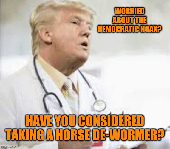 Doctor Donald Trump | WORRIED ABOUT THE DEMOCRATIC HOAX? HAVE YOU CONSIDERED TAKING A HORSE DE-WORMER? | image tagged in doctor donald trump | made w/ Imgflip meme maker