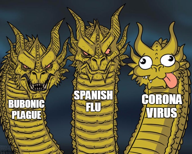 Three-headed Dragon | SPANISH FLU; CORONA VIRUS; BUBONIC PLAGUE | image tagged in three-headed dragon | made w/ Imgflip meme maker