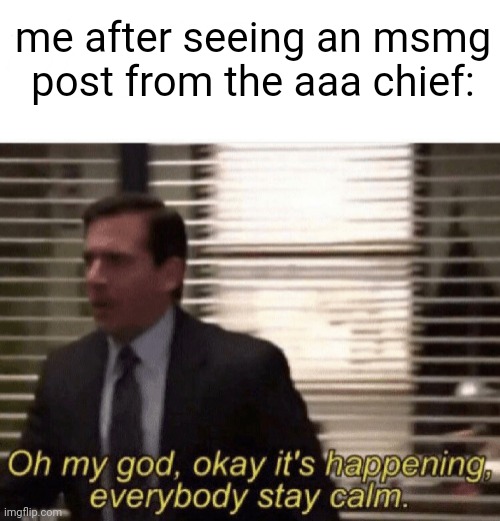 i am not ready to get criticized over random shit i do just cuz i watch anime ;-; | me after seeing an msmg post from the aaa chief: | image tagged in oh my god okay it's happening everybody stay calm | made w/ Imgflip meme maker