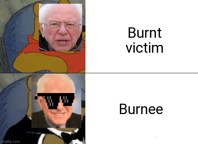 Bernie amirite | Burnt victim; Burnee | image tagged in memes,tuxedo winnie the pooh | made w/ Imgflip meme maker