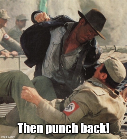 Indiana Jones Punching Nazis | Then punch back! | image tagged in indiana jones punching nazis | made w/ Imgflip meme maker