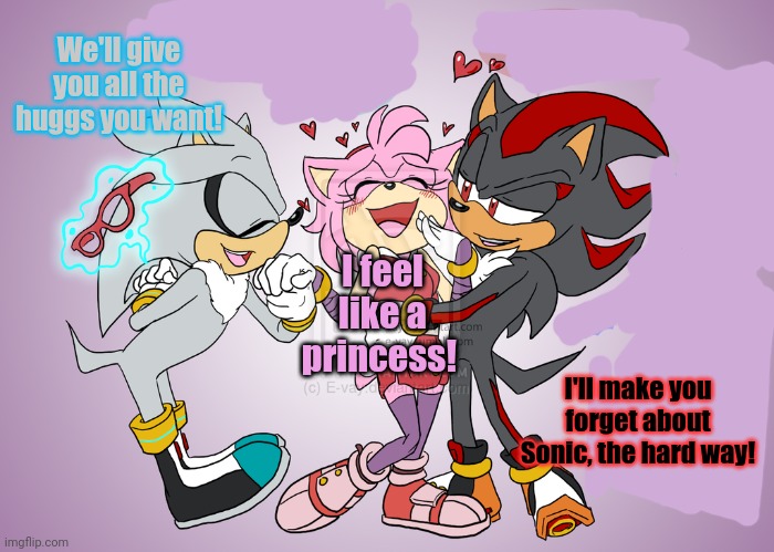 Amy Rose's dream... | We'll give you all the huggs you want! I feel like a princess! I'll make you forget about Sonic, the hard way! | image tagged in amy rose,sonic the hedgehog,shadow the hedgehog,silver the hedgehog | made w/ Imgflip meme maker