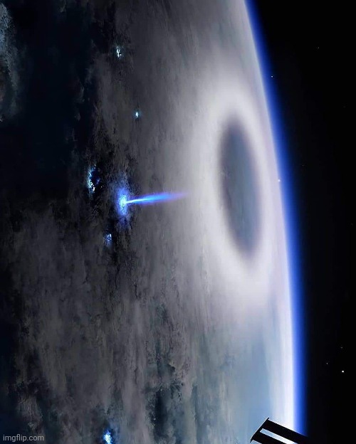 Blue-jet lightning.  (Taken from the ISS) | image tagged in upside-down,lightning,international space station,awesome,photography | made w/ Imgflip meme maker