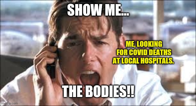 On a side note: f**k Tom Cruise. | SHOW ME... ME, LOOKING FOR COVID DEATHS AT LOCAL HOSPITALS. THE BODIES!! | image tagged in memes | made w/ Imgflip meme maker