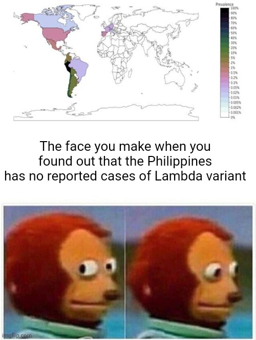 Well at least we have to contain the Delta variant first |  The face you make when you found out that the Philippines has no reported cases of Lambda variant | image tagged in memes,monkey puppet,lambda,covid-19,philippines,political meme | made w/ Imgflip meme maker