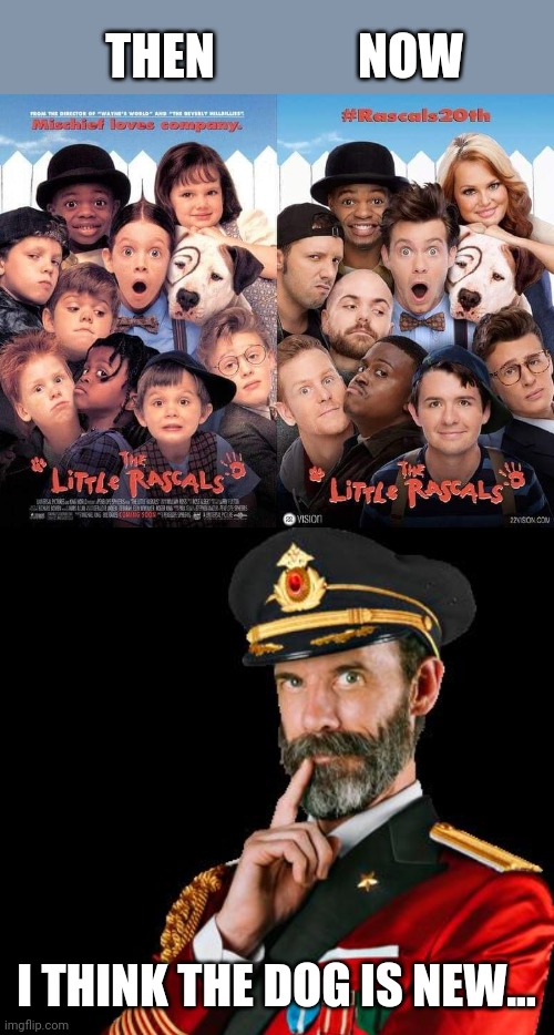 Petey, Repeaty | NOW; THEN; I THINK THE DOG IS NEW... | image tagged in captain obvious,little rascals,then vs now,funny dogs | made w/ Imgflip meme maker