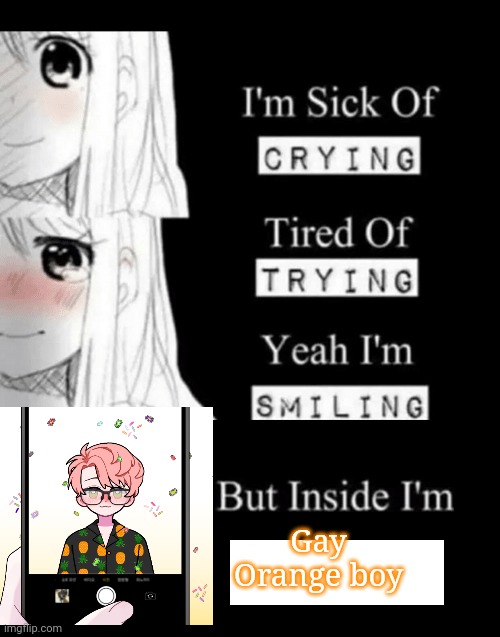 im sick of crying bla | Gay Orange boy | image tagged in im sick of crying bla | made w/ Imgflip meme maker