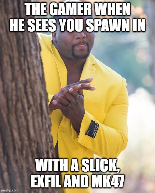 Anthony Adams Rubbing Hands | THE GAMER WHEN HE SEES YOU SPAWN IN; WITH A SLICK, EXFIL AND MK47 | image tagged in anthony adams rubbing hands | made w/ Imgflip meme maker