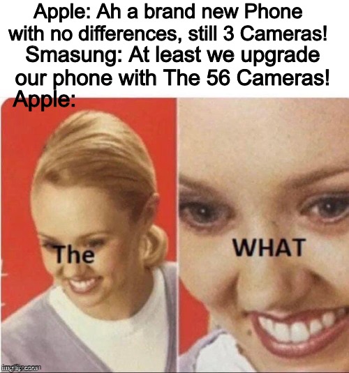 3 Cameras is enough? Wait till you see 159385923892758258 CAMERAS BABY! | Apple: Ah a brand new Phone with no differences, still 3 Cameras! Smasung: At least we upgrade our phone with The 56 Cameras! Apple: | image tagged in the what | made w/ Imgflip meme maker