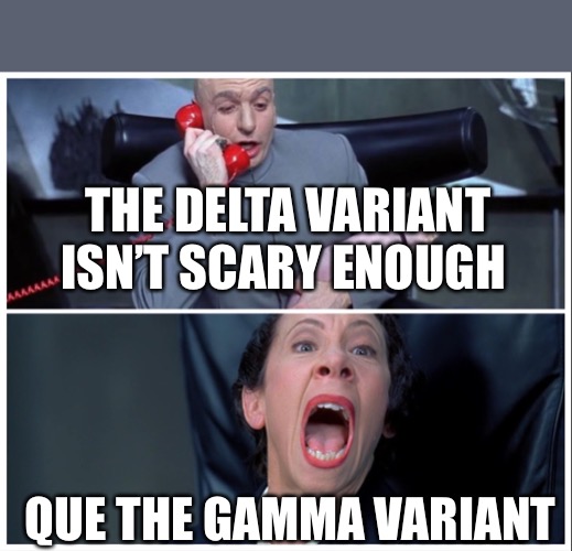 Dr Evil and Frau Yelling | THE DELTA VARIANT ISN’T SCARY ENOUGH; QUE THE GAMMA VARIANT | image tagged in dr evil and frau yelling | made w/ Imgflip meme maker