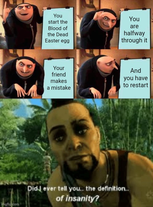 I'm about to do the easter egg but I have a fear of restarting it | You start the Blood of the Dead Easter egg; You are halfway through it; Your friend makes a mistake; And you have to restart | image tagged in memes,gru's plan,call of duty,zombies | made w/ Imgflip meme maker