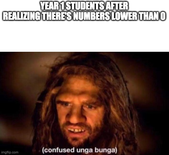 Confused Unga Bunga | YEAR 1 STUDENTS AFTER REALIZING THERE'S NUMBERS LOWER THAN 0 | image tagged in confused unga bunga | made w/ Imgflip meme maker