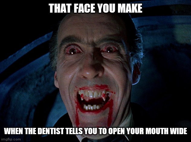 vampire | THAT FACE YOU MAKE; WHEN THE DENTIST TELLS YOU TO OPEN YOUR MOUTH WIDE | image tagged in vampire | made w/ Imgflip meme maker