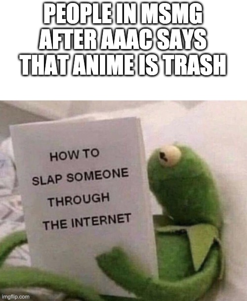 Kermit How to slap someone through the internet | PEOPLE IN MSMG AFTER AAAC SAYS THAT ANIME IS TRASH | image tagged in kermit how to slap someone through the internet | made w/ Imgflip meme maker