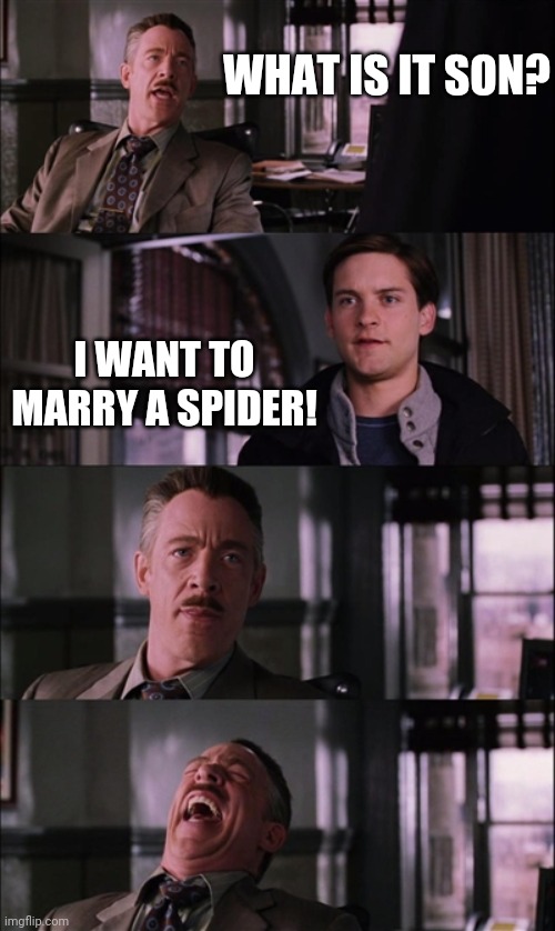 Spiderman Laugh |  WHAT IS IT SON? I WANT TO MARRY A SPIDER! | image tagged in memes,spiderman laugh | made w/ Imgflip meme maker