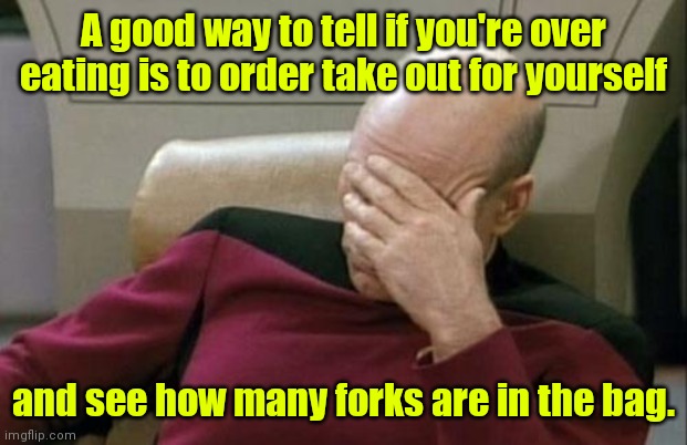 I can't grasp the word moderation. | A good way to tell if you're over eating is to order take out for yourself; and see how many forks are in the bag. | image tagged in memes,captain picard facepalm,funny | made w/ Imgflip meme maker