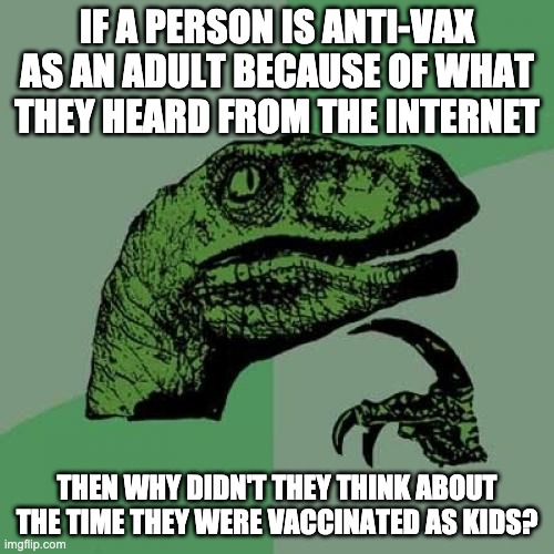 Nothing bad happened when they were kids | IF A PERSON IS ANTI-VAX AS AN ADULT BECAUSE OF WHAT THEY HEARD FROM THE INTERNET; THEN WHY DIDN'T THEY THINK ABOUT THE TIME THEY WERE VACCINATED AS KIDS? | image tagged in memes,philosoraptor | made w/ Imgflip meme maker