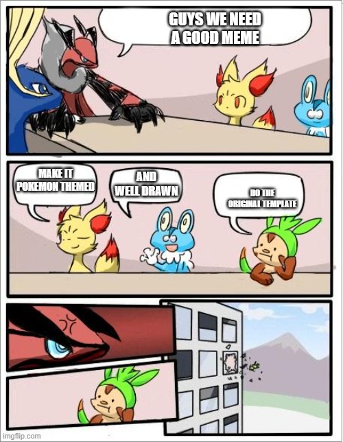 What Format |  GUYS WE NEED A GOOD MEME; AND WELL DRAWN; MAKE IT POKEMON THEMED; DO THE ORIGINAL TEMPLATE | image tagged in pokemon board meeting,memes | made w/ Imgflip meme maker