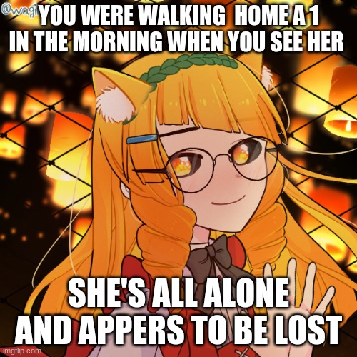 i d k : > | YOU WERE WALKING  HOME A 1 IN THE MORNING WHEN YOU SEE HER; SHE'S ALL ALONE AND APPERS TO BE LOST | made w/ Imgflip meme maker