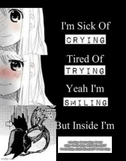 I'm Sick Of Crying | not okay. i'm not okay. i'm not okay. i'm not okay. what's the point? i'm not okay. what's the point? i'm not okay. | image tagged in i'm sick of crying | made w/ Imgflip meme maker