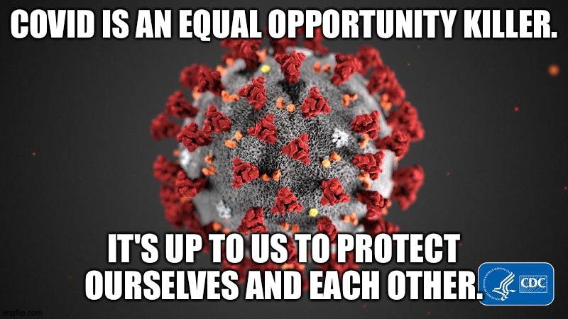 Covid 19 | COVID IS AN EQUAL OPPORTUNITY KILLER. IT'S UP TO US TO PROTECT OURSELVES AND EACH OTHER. | image tagged in covid 19 | made w/ Imgflip meme maker