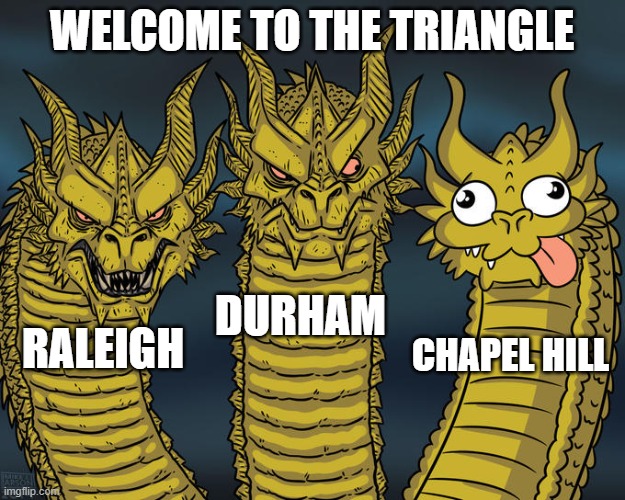 Distinct identities, yet part of the same area. |  WELCOME TO THE TRIANGLE; DURHAM; RALEIGH; CHAPEL HILL | image tagged in three-headed dragon,research triangle,raleigh,durham,chapel hill | made w/ Imgflip meme maker