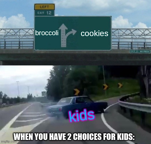 Left Exit 12 Off Ramp Meme | broccoli; cookies; kids; WHEN YOU HAVE 2 CHOICES FOR KIDS: | image tagged in memes,left exit 12 off ramp | made w/ Imgflip meme maker