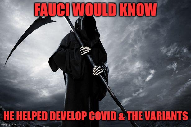 Death | FAUCI WOULD KNOW HE HELPED DEVELOP COVID & THE VARIANTS | image tagged in death | made w/ Imgflip meme maker