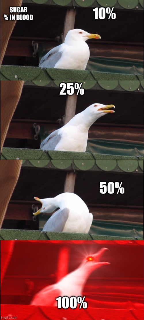 Inhaling Seagull Meme | 10%; SUGAR % IN BLOOD; 25%; 50%; 100% | image tagged in memes,inhaling seagull | made w/ Imgflip meme maker