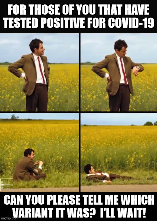 Mr bean waiting | FOR THOSE OF YOU THAT HAVE TESTED POSITIVE FOR COVID-19; CAN YOU PLEASE TELL ME WHICH
VARIANT IT WAS?  I'LL WAIT! | image tagged in mr bean waiting,memes,still waiting,covid vaccine,tell me more,first world problems | made w/ Imgflip meme maker