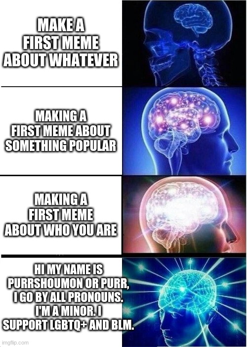 My introduction to this site |  MAKE A FIRST MEME ABOUT WHATEVER; MAKING A FIRST MEME ABOUT SOMETHING POPULAR; MAKING A FIRST MEME ABOUT WHO YOU ARE; HI MY NAME IS PURRSHOUMON OR PURR, I GO BY ALL PRONOUNS. I'M A MINOR. I SUPPORT LGBTQ+ AND BLM. | image tagged in memes,expanding brain | made w/ Imgflip meme maker