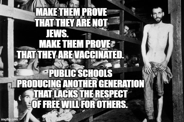 holocaust | MAKE THEM PROVE THAT THEY ARE NOT JEWS.                
    MAKE THEM PROVE THAT THEY ARE VACCINATED. PUBLIC SCHOOLS PRODUCING ANOTHER GENERATION THAT LACKS THE RESPECT OF FREE WILL FOR OTHERS. | image tagged in holocaust | made w/ Imgflip meme maker