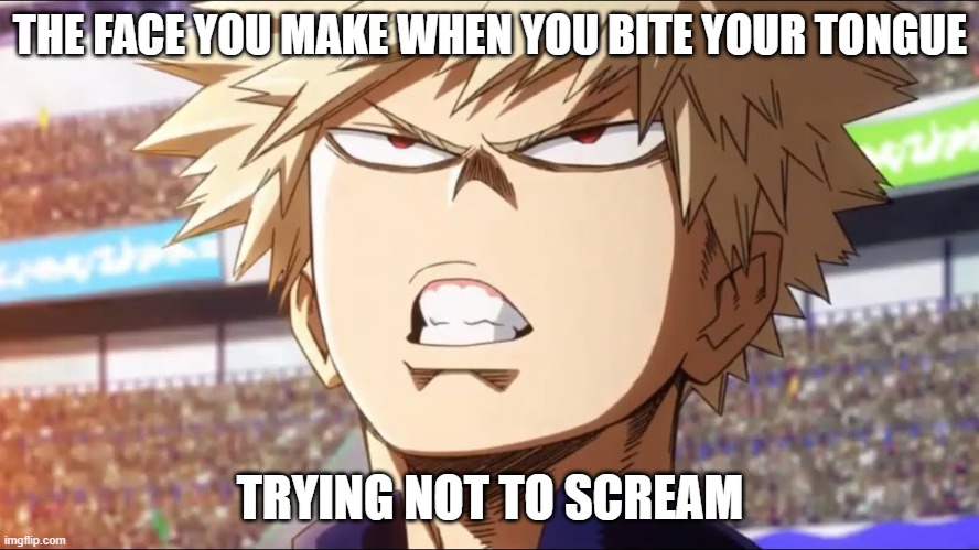 Biting your tongue | THE FACE YOU MAKE WHEN YOU BITE YOUR TONGUE; TRYING NOT TO SCREAM | image tagged in my hero academia sneering bakugou | made w/ Imgflip meme maker