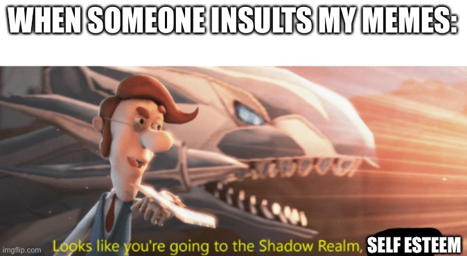 can we get this to front page? Plz | WHEN SOMEONE INSULTS MY MEMES:; SELF ESTEEM | image tagged in looks like you're going to the shadow realm jimbo | made w/ Imgflip meme maker
