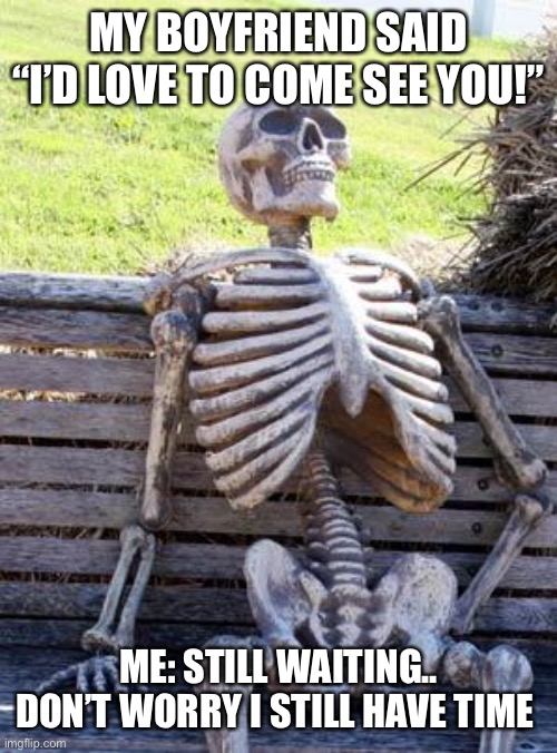 I still have time | MY BOYFRIEND SAID “I’D LOVE TO COME SEE YOU!”; ME: STILL WAITING.. DON’T WORRY I STILL HAVE TIME | image tagged in memes,waiting skeleton,boyfriend,waiting,funny,relationships | made w/ Imgflip meme maker