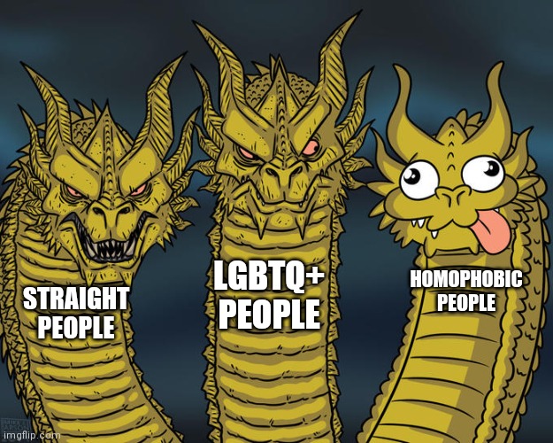 *insert title here*  (i think im posing these kinds of memes too much) | LGBTQ+ PEOPLE; HOMOPHOBIC PEOPLE; STRAIGHT PEOPLE | image tagged in three-headed dragon,homophobia | made w/ Imgflip meme maker