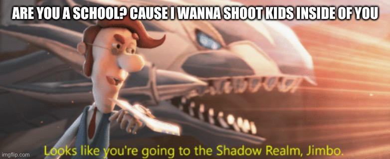 Looks like you're going to the Shadow Realm Jimbo | ARE YOU A SCHOOL? CAUSE I WANNA SHOOT KIDS INSIDE OF YOU | image tagged in looks like you're going to the shadow realm jimbo | made w/ Imgflip meme maker