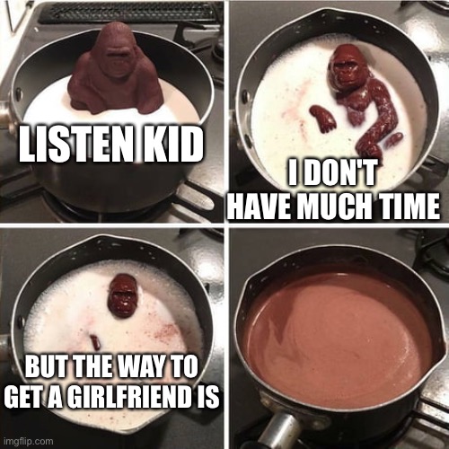 Chocolate Harambe | LISTEN KID; I DON'T HAVE MUCH TIME; BUT THE WAY TO GET A GIRLFRIEND IS | image tagged in chocolate harambe | made w/ Imgflip meme maker