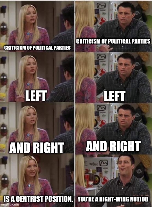 Phoebe Joey | CRITICISM OF POLITICAL PARTIES; CRITICISM OF POLITICAL PARTIES; LEFT; LEFT; AND RIGHT; AND RIGHT; YOU'RE A RIGHT-WING NUTJOB; IS A CENTRIST POSITION. | image tagged in phoebe joey | made w/ Imgflip meme maker