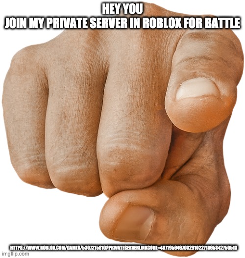https://www.roblox.com/games/5307215810?privateServerLinkCode=48719564670329102271865342750513 | HEY YOU
JOIN MY PRIVATE SERVER IN ROBLOX FOR BATTLE; HTTPS://WWW.ROBLOX.COM/GAMES/5307215810?PRIVATESERVERLINKCODE=48719564670329102271865342750513 | image tagged in pointing finger | made w/ Imgflip meme maker