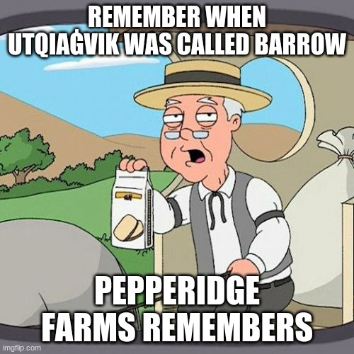northest city in america | REMEMBER WHEN UTQIAĠVIK WAS CALLED BARROW; PEPPERIDGE FARMS REMEMBERS | image tagged in memes,pepperidge farm remembers | made w/ Imgflip meme maker