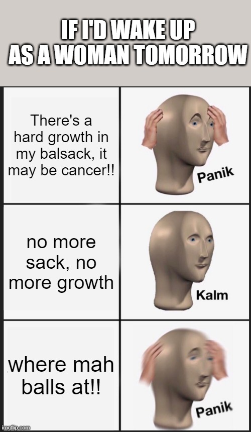 heh | IF I'D WAKE UP AS A WOMAN TOMORROW; There's a hard growth in my balsack, it may be cancer!! no more sack, no more growth; where mah balls at!! | image tagged in memes,panik kalm panik | made w/ Imgflip meme maker