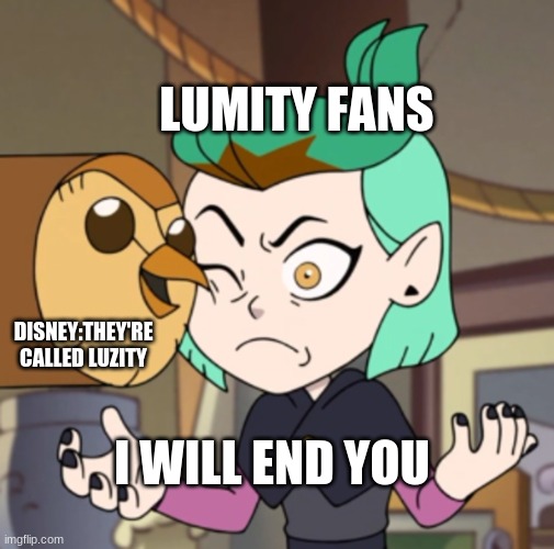 Hooty in Amity's Space(The Owl House) | LUMITY FANS; DISNEY:THEY'RE CALLED LUZITY; I WILL END YOU | image tagged in hooty in amity's space the owl house | made w/ Imgflip meme maker