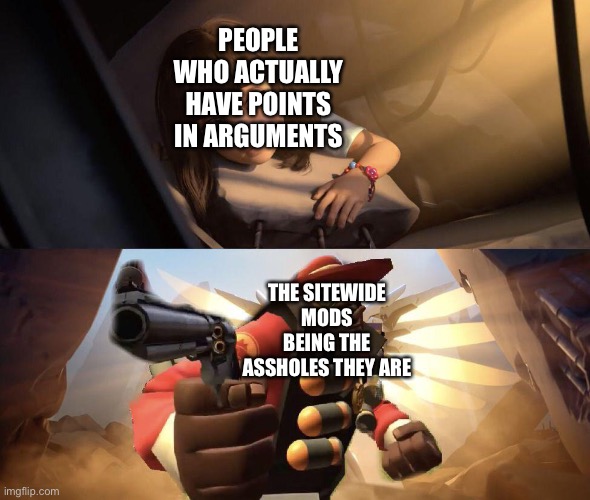 Demoman aiming gun at Girl | PEOPLE WHO ACTUALLY HAVE POINTS IN ARGUMENTS; THE SITEWIDE MODS BEING THE ASSHOLES THEY ARE | image tagged in demoman aiming gun at girl | made w/ Imgflip meme maker