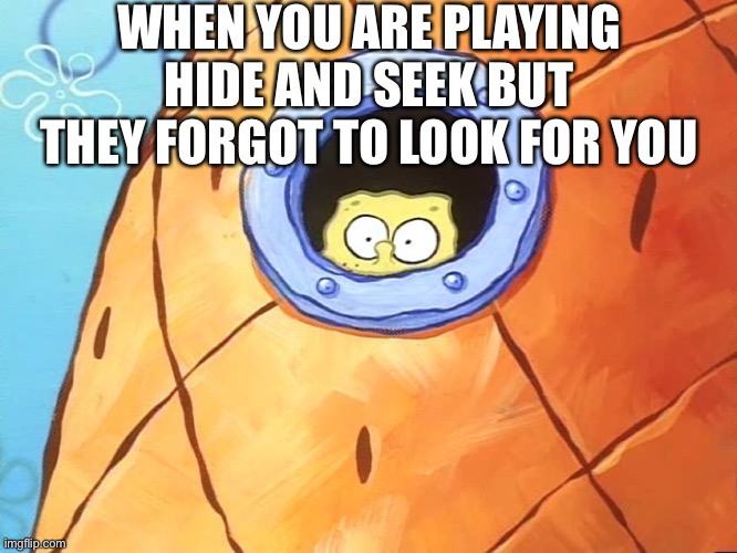 Spongebob Peek Window | WHEN YOU ARE PLAYING HIDE AND SEEK BUT THEY FORGOT TO LOOK FOR YOU | image tagged in spongebob peek window | made w/ Imgflip meme maker
