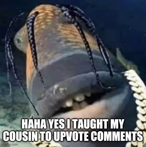 Trafish Scott | HAHA YES I TAUGHT MY COUSIN TO UPVOTE COMMENTS | image tagged in trafish scott | made w/ Imgflip meme maker