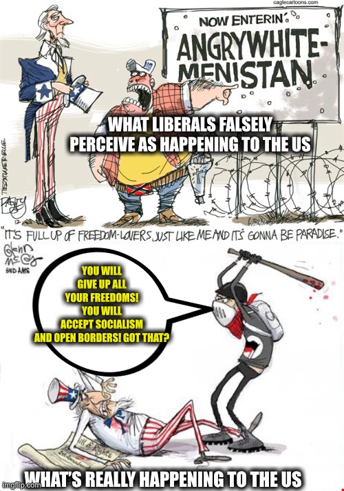 The left is destroying this country, not the right. | WHAT LIBERALS FALSELY PERCEIVE AS HAPPENING TO THE US; YOU WILL GIVE UP ALL YOUR FREEDOMS! YOU WILL ACCEPT SOCIALISM AND OPEN BORDERS! GOT THAT? WHAT’S REALLY HAPPENING TO THE US | image tagged in liberal logic,liberal hypocrisy,communism socialism,democratic party,democratic socialism,memes | made w/ Imgflip meme maker