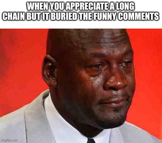 crying michael jordan | WHEN YOU APPRECIATE A LONG CHAIN BUT IT BURIED THE FUNNY COMMENTS | image tagged in crying michael jordan | made w/ Imgflip meme maker