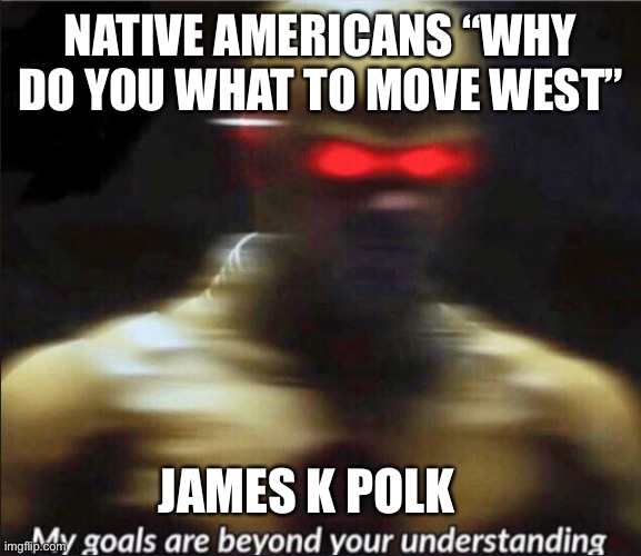 my goals are beyond your understanding |  NATIVE AMERICANS “WHY DO YOU WHAT TO MOVE WEST”; JAMES K POLK | image tagged in my goals are beyond your understanding | made w/ Imgflip meme maker